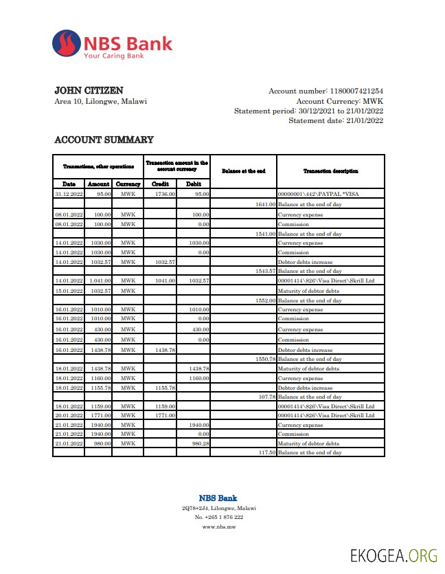 Relevé bancaire du NBS du Malawi xls